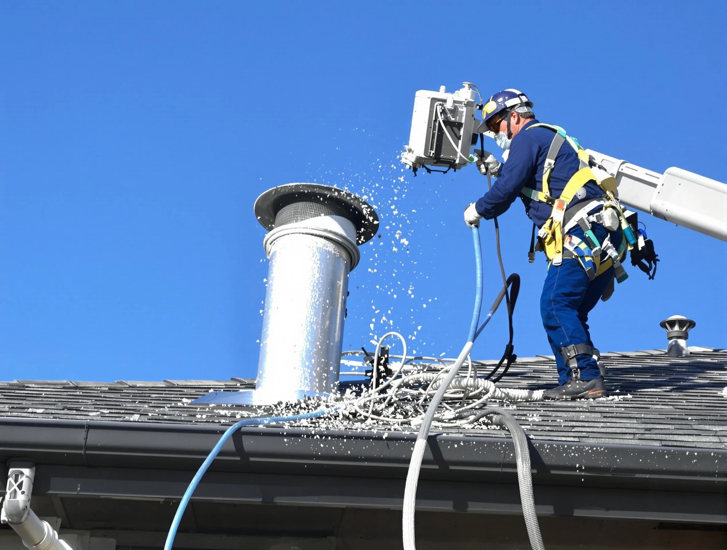 Waltham Dryer Vent Cleaning certified technician safely cleaning a roof-mounted dryer vent in Waltham