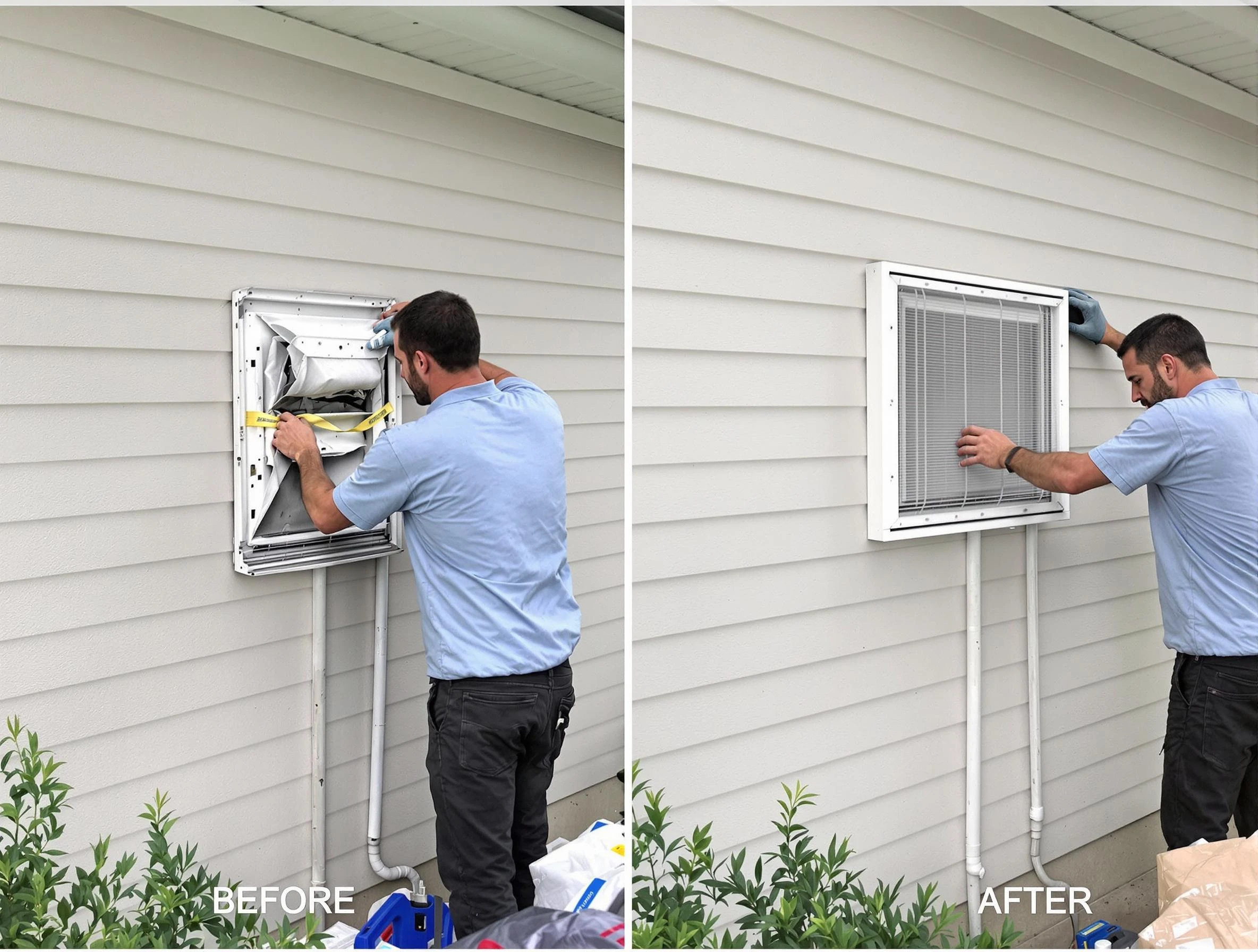Waltham Dryer Vent Cleaning technician installing high-quality dryer vent cover at a residential property in Waltham